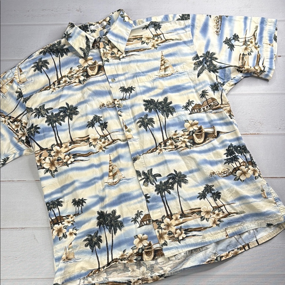 Pierre Cardin Blue Cream Casual Hawaiian Button Down Shirt Island Vibes Size XL
